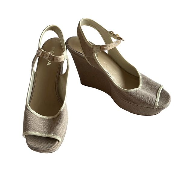 PRADA WEDGE CANVAS SHOES BEIGE OPEN TOE 36-6 - Picture 3 of 9